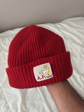A.P.C Red Ribbed Knit Beanie